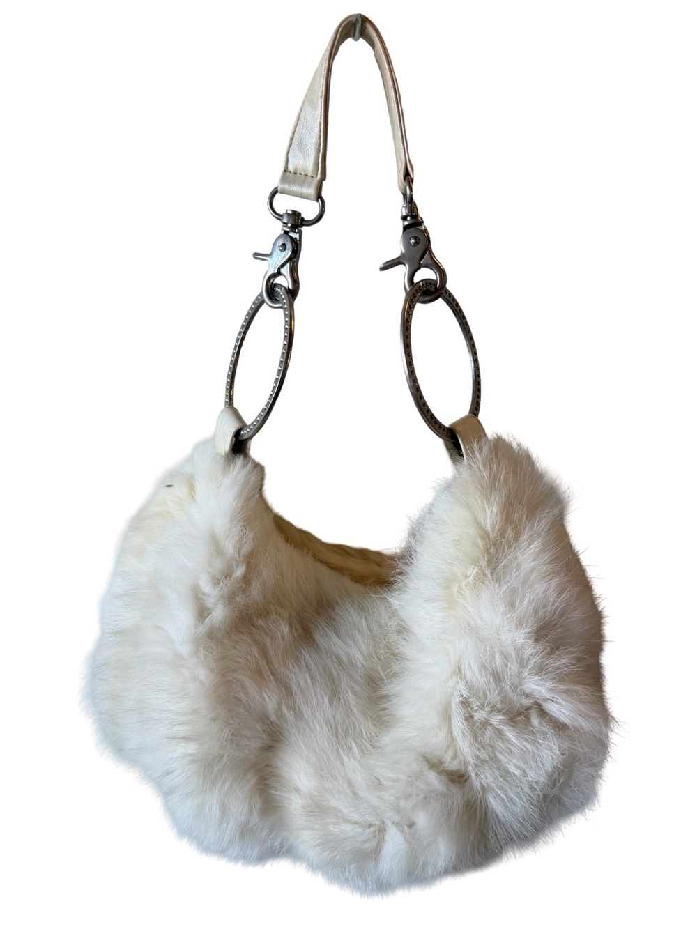 White Real Fur Hobo Shoulder Bag - Soft Plush Style 90s Y2K